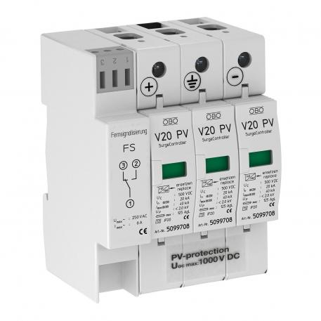 Ochrona przeciwprzepięciowa PV V20, 1000 V DC, ze zdalną sygnalizacją 3 | IP 20