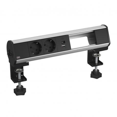 Deskbox with fastening clamp, 2 NF sockets, USB Charger