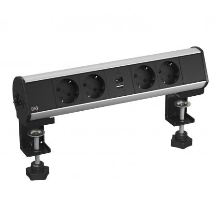 Deskbox with fastening clamp, 4 NF sockets, USB Charger